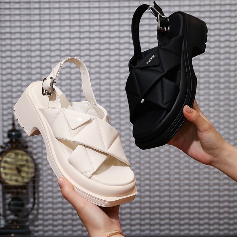 New Women's Sandals 2026 Spring/Summer Chunky Heel Cross-Strap Platform Elevator Sandals Casual Fashion Chanel-Style Sandals