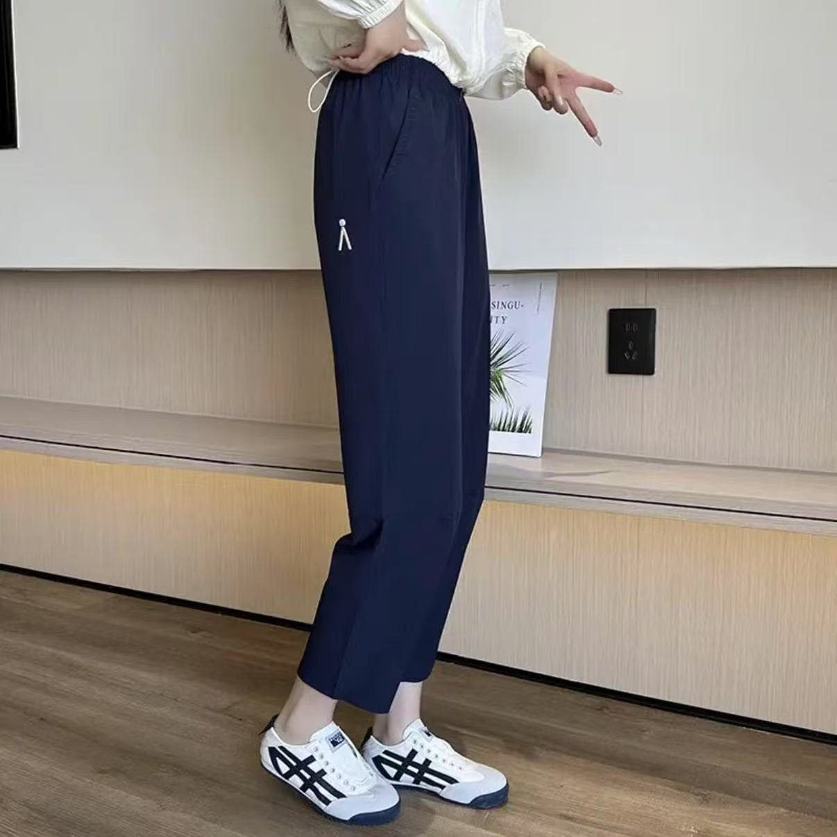 New high-waisted wide-leg casual pants for women in autumn, drawstring straight pants, slim and versatile, nine-minute long quick-drying pants, trendy