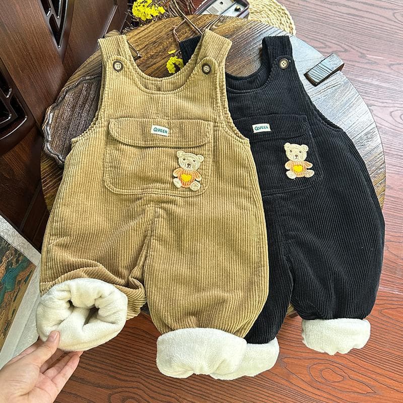 Baby Bib Overalls Cotton Pants with Crotch Opening, Thickened Winter Outdoor Corduroy Fleece-Lined Overalls for Boys, Autumn/Winter