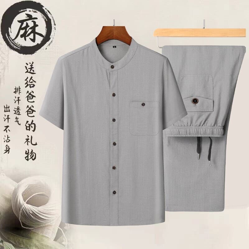 Dad's cotton and linen suit, men's short-sleeved shirt and trousers, a summer suit, middle-aged and elderly grandpa's linen clothes