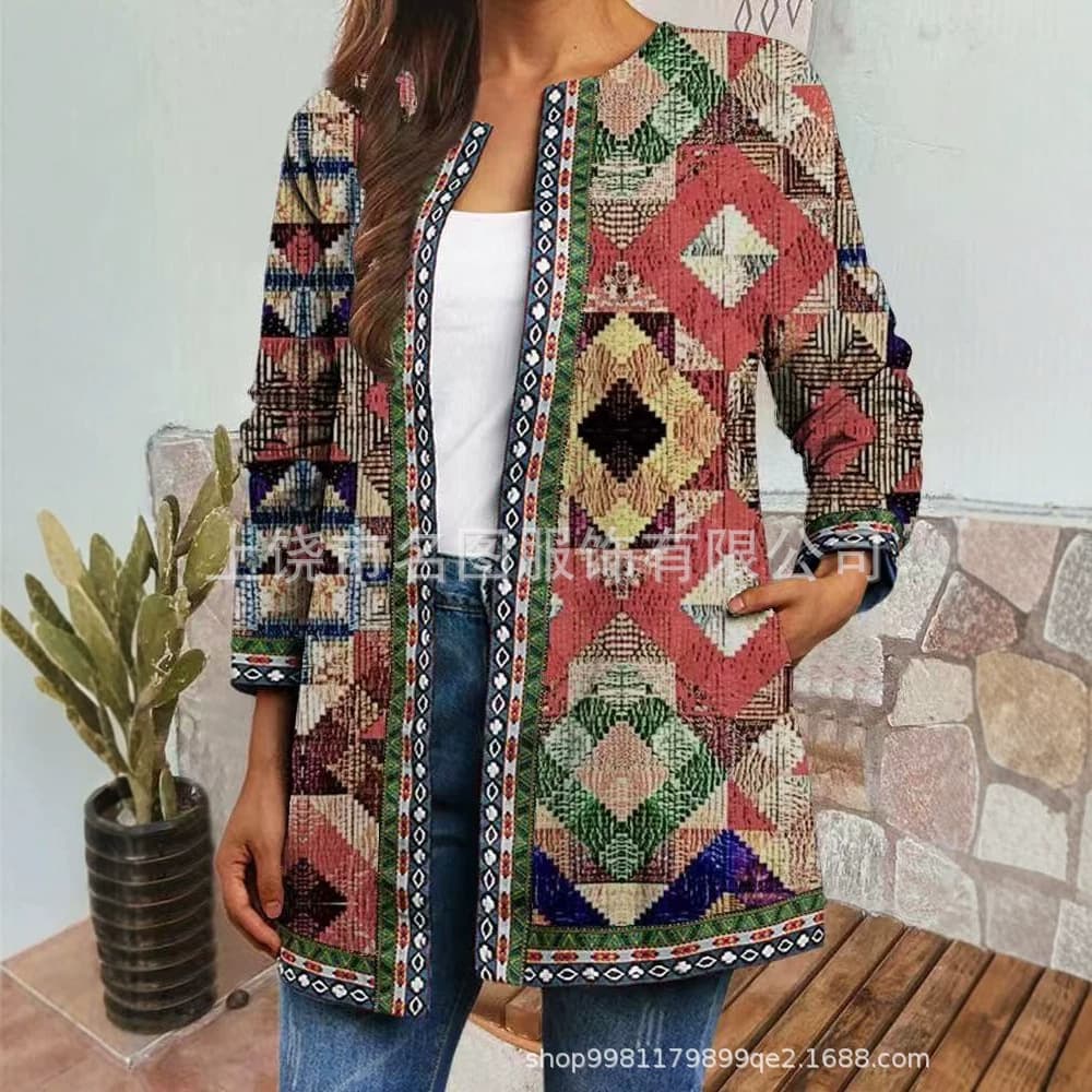 9440# Amazon Foreign Trade Autumn Winter New Retro Ethnic Print Plus Size Jacket Cardigan Women's Clothing