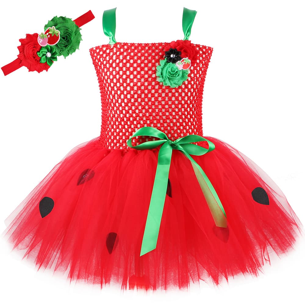 Strawberry Dress for Girls Christmas Gown New Year Halloween Performance Children's Princess Dress Red Mesh Tutu Dress