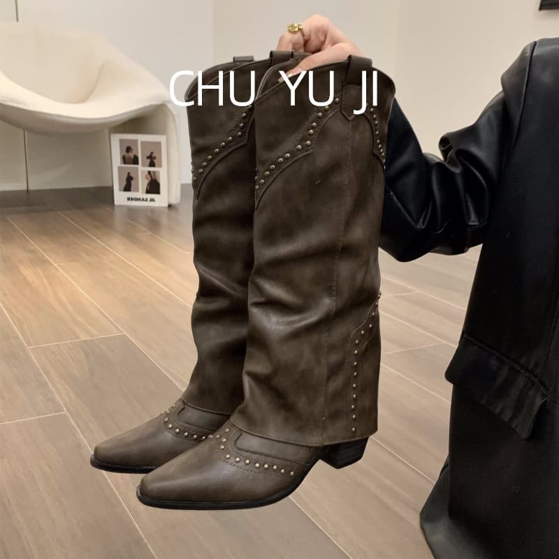 First encounter season thick heel pointed toe western cowboy boots women's boots 2025 new spring and autumn retro brown long tube