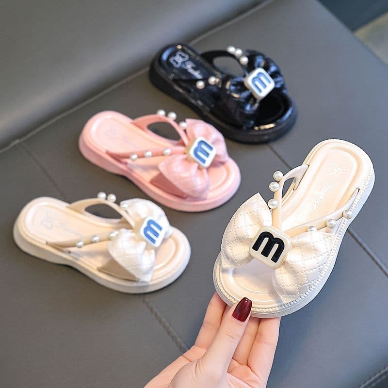 Girls' slippers 2024 Korean style summer cute princess sandals with bow, for babies and older children, Velcro closure.