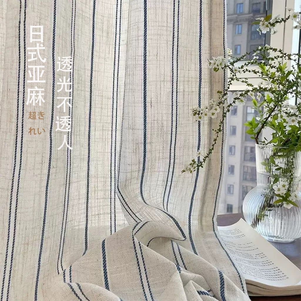 Japanese Linen Sheer with Blue Stripe Style, Light-Transmitting but Not See-Through, Room Divider Curtain Sheer Fabric, Semi-Blackout for Bedroom and Balcony Sheer