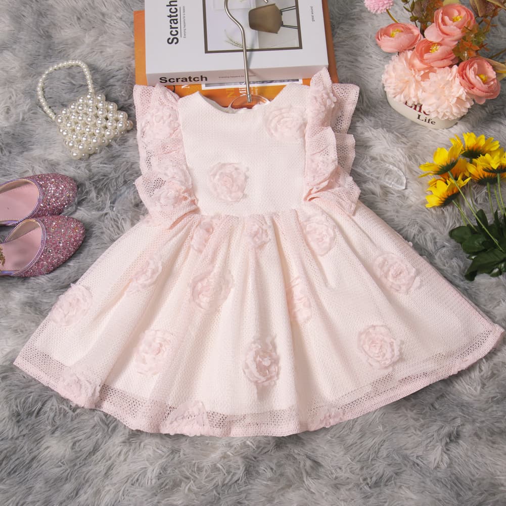 Korean-style soft 3D rose baby dress, 1st birthday princess gown, export stock, bulk supply