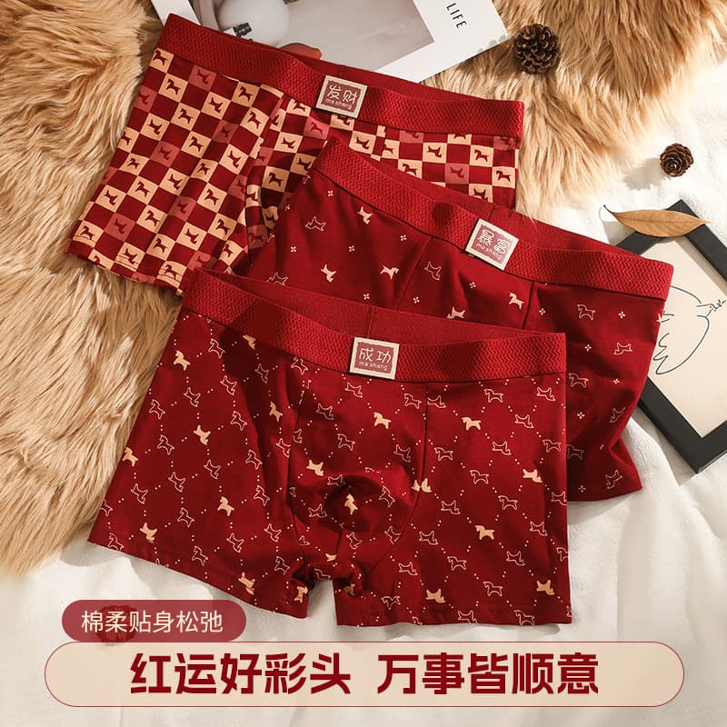 Men's Red Boxer Briefs for the Year of the Horse, Good Luck in the Year of Birth, Breathable Youth Wedding Red Underwear