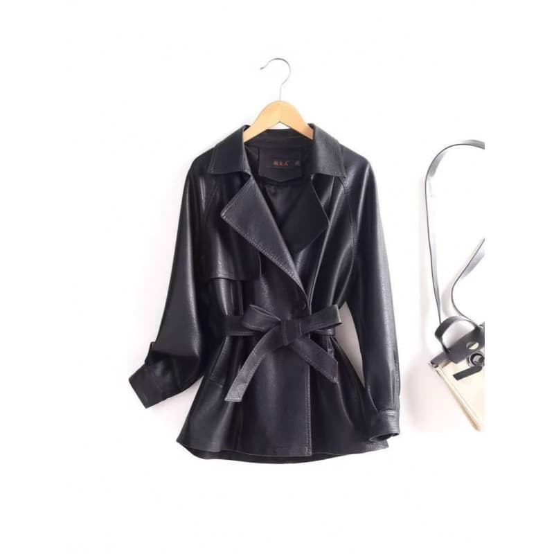 2025 Spring New Korean Style Leather Jacket for Women Plus Size Loose Short Trench Coat Waist-Tightening Slim Fit Leather Outerwear