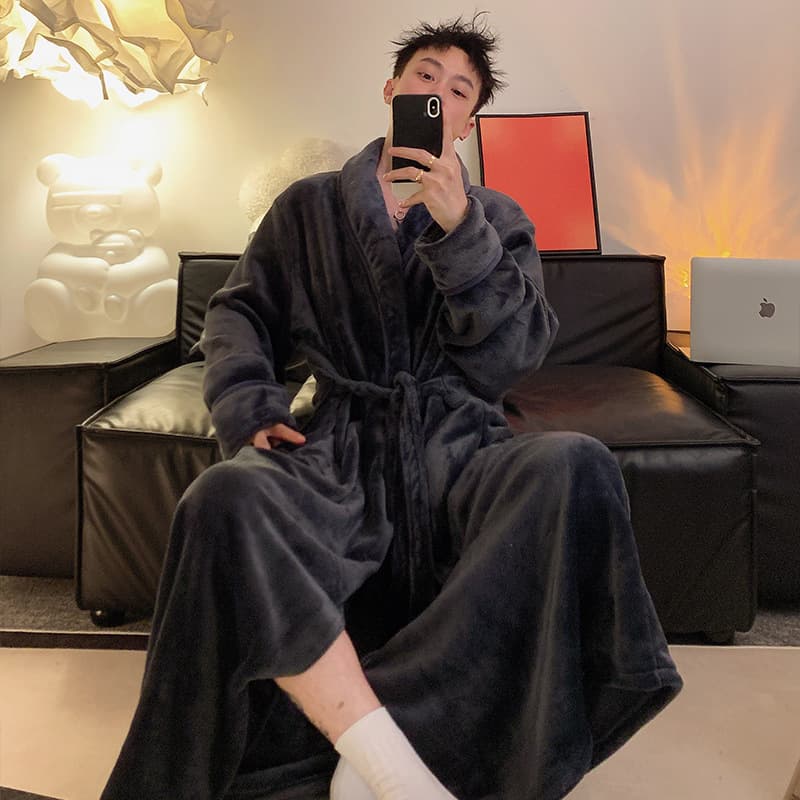 Milk Velvet Plus Size 300kg Men's Nightgown Winter Padded Fleece-Lined High-End Long Hotel Hot Spring Bathrobe Pajamas