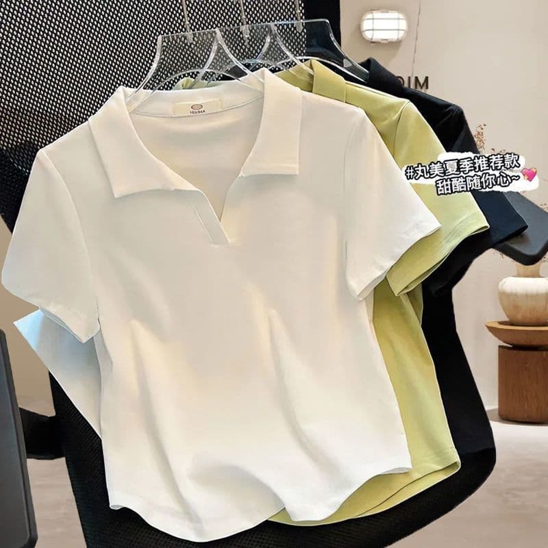 Trendy Summer Loose Plus Size Women's 2026 New Polo Shirt Turn Collar Curved Hem Short Sleeve T-Shirt for Plus Size Women