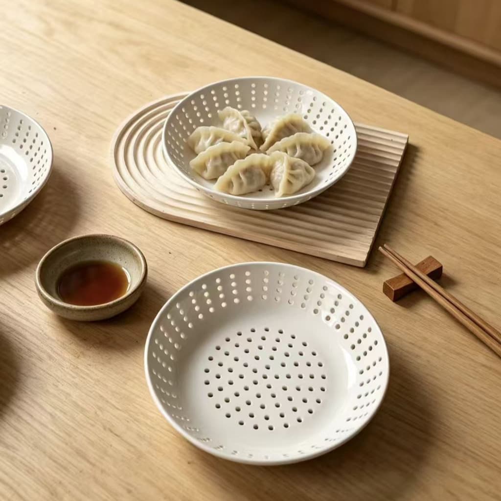 Minimalist Creative Household Multi-Hole Steaming Tray Drainage Tray Dumpling Steamer Plate Round Steamed Dumpling Plate Steamed Seafood Fish Plate Steamed Bun Plate