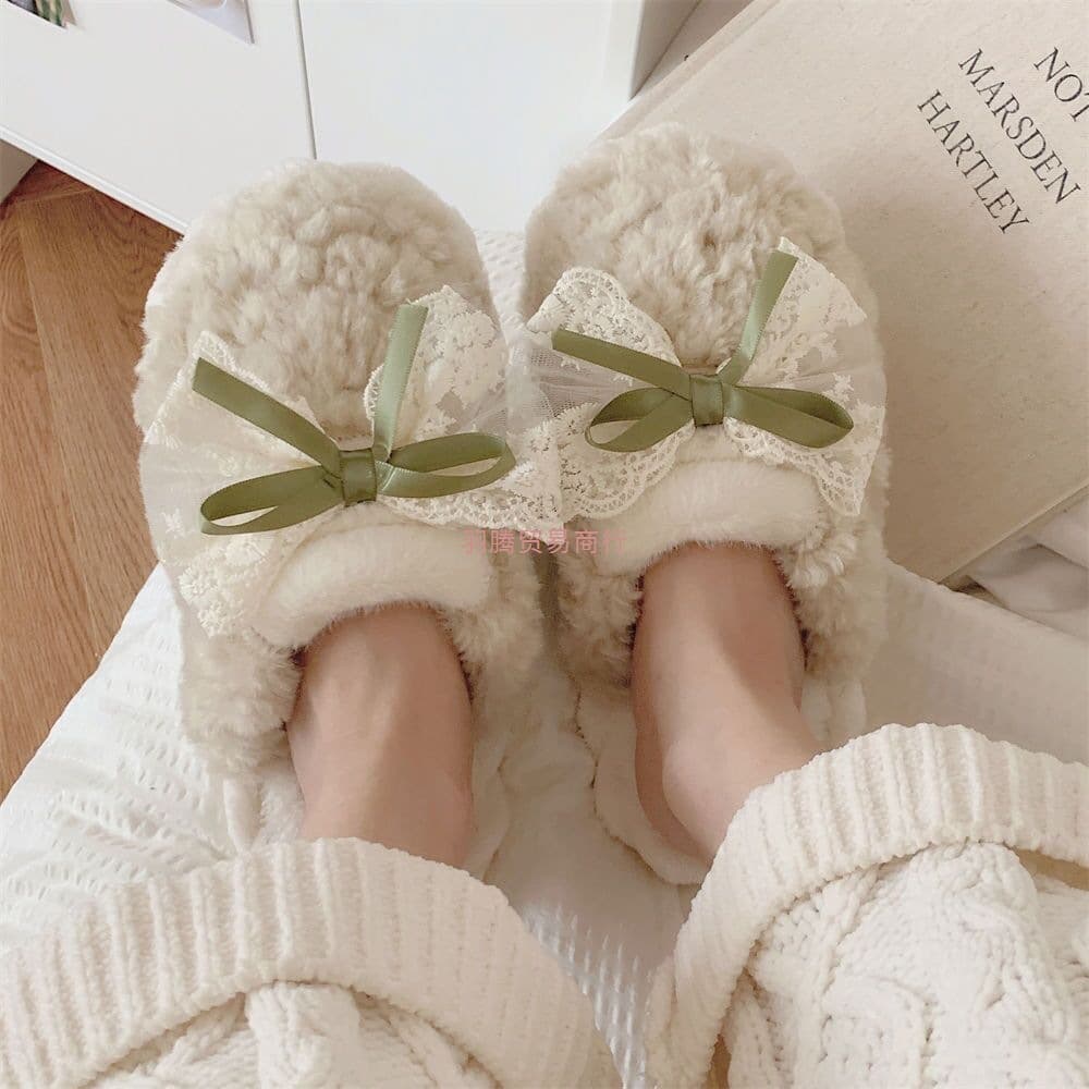 Retro Korean Style Fluffy Bow Cotton Slippers Autumn Winter Women's Couple Slippers Popular Online Cute Home Warm Indoor