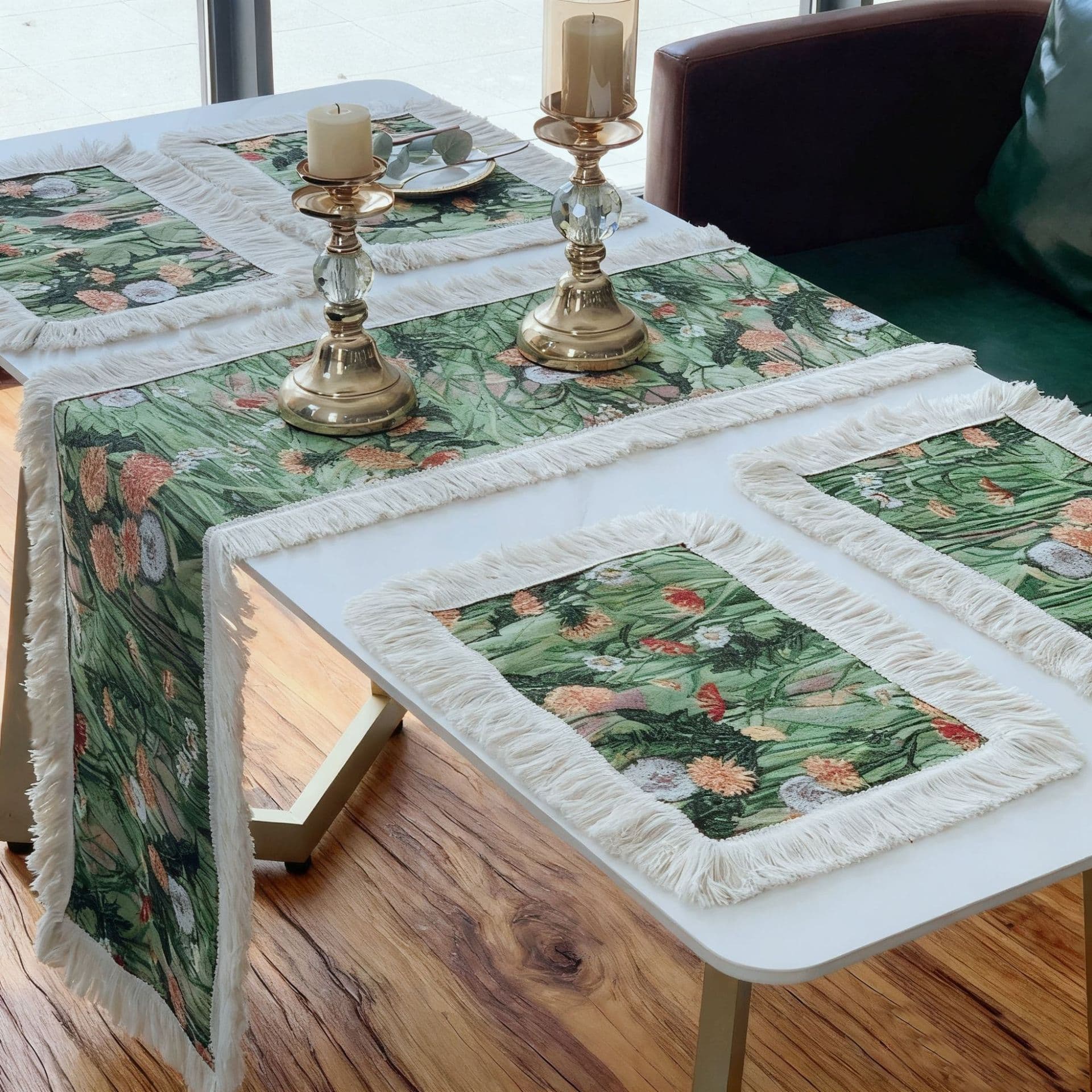 European Light Luxury Plant Flower Table Runner Thickened Retro High-End Tassel Placemat Tablecloth Romantic Desktop Decoration Green