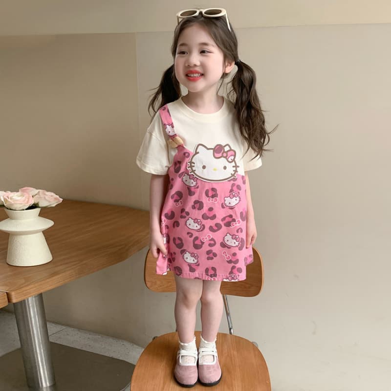 Summer Dress New Children's Stylish Cute Fake Two-Piece Short Sleeve T-Shirt Dress for Little Girls Hello Kitty Cute Straight Dress
