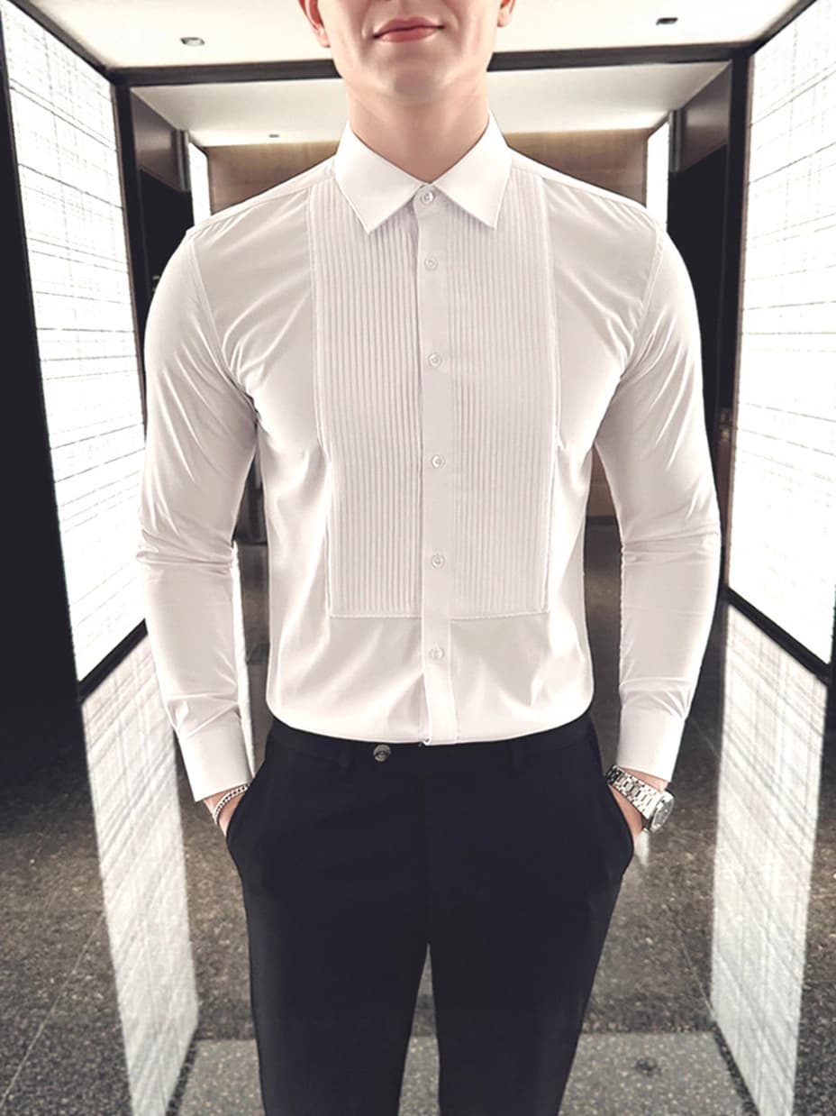 French Tuxedo White Shirt Men Textured Slim Fit Long Sleeve Formal Dress Shirt Pleated Tuxedo Shirt Suit Base Layer