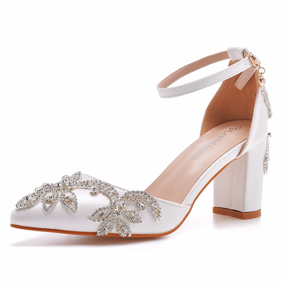 7cm Chunky Heel Pointed Toe Shoes Export Hollow Shoes Square Heel Sandals Rhinestone Wedding Shoes Women White Bride Wedding Shoes Rhinestone