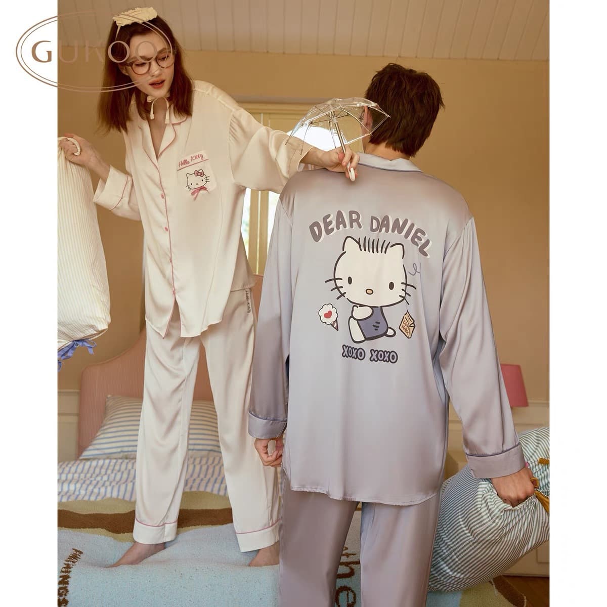 Guoke Same Style Pajamas Cute HelloKitty Couple Pajamas Women Spring Autumn Ice Silk Long Sleeve Men Summer Home Wear