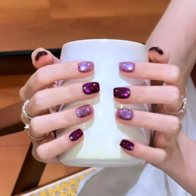 Purple Glass Bead Cat Eye Manicure Wearable Nails Short Style Pure Handmade Nail Pieces Wearable 2025 New Nail Patches