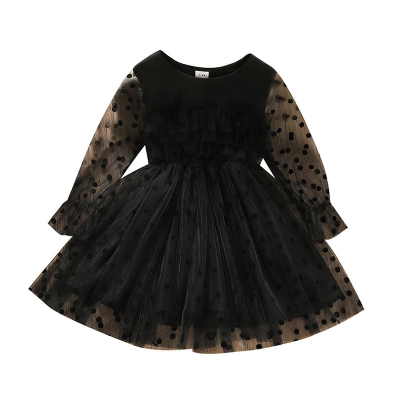 INS Spring/Autumn Fashion Polka Dot Lace Long-Sleeve Solid Black Korean-Style Princess Dress for Girls