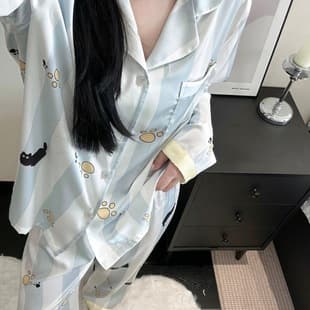 Women's Summer Ice Silk Pajamas, 26 Sweet Cat Relaxed Ice Silk Pajamas Custom Homewear