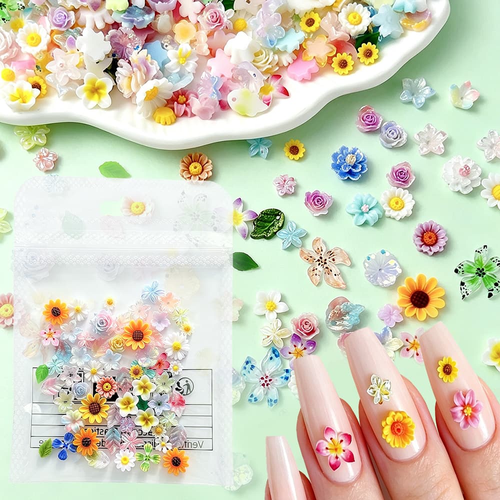 50-Piece Pastoral Style Mini 3D Flower Nail Art Decorations Mixed Daisy Rose Small Flower DIY Resin Accessories