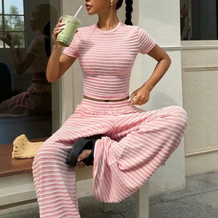 2026 European and American Cross-Border Amazon Women's Clothing Summer New Fashion Casual Striped Tight-Fitting Top and Pants Set
