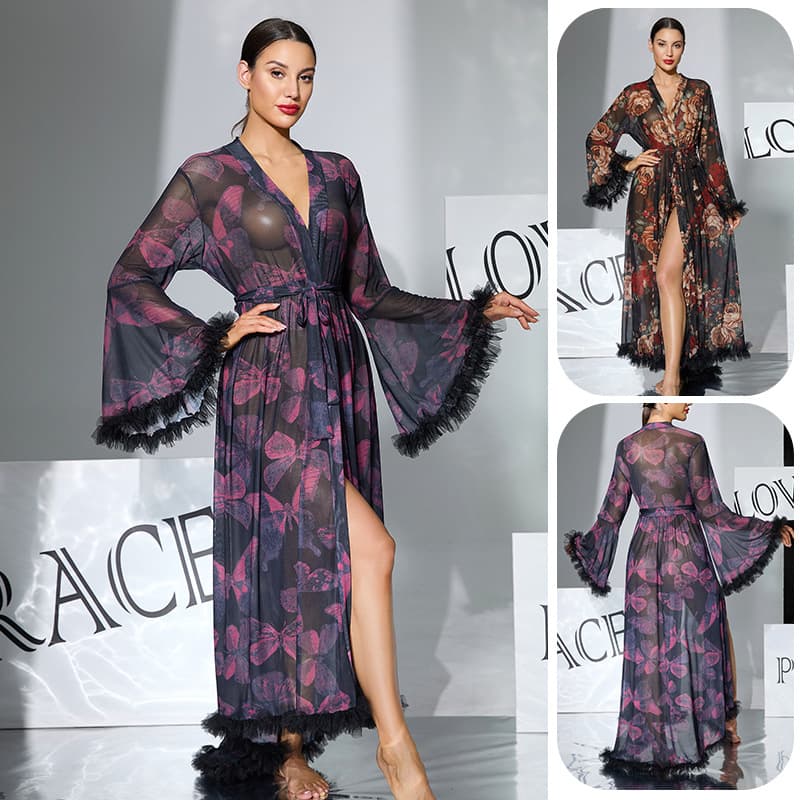 European and American style bell sleeve butterfly print mesh robe with tie belt, fringe trim, high slit bathrobe homewear 1119