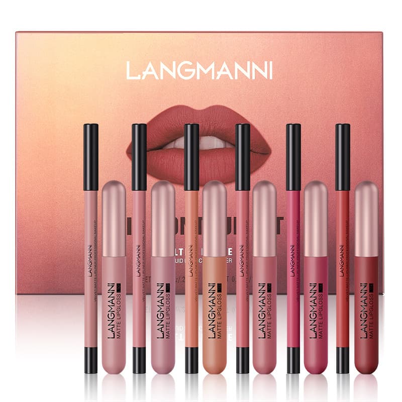 Langmanni Cross-border New 6+6 Lip Gloss Lip Liner Combination 12 Set Fog Matte Lip Gloss Gift Box