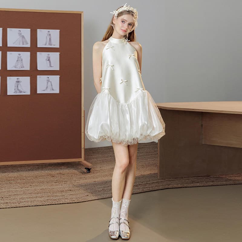 European and American Southeast Asian Graduation Evening Gown French Sweet Satin Flower Bud Dress Adult Ceremony Engagement Wedding White Short Dress