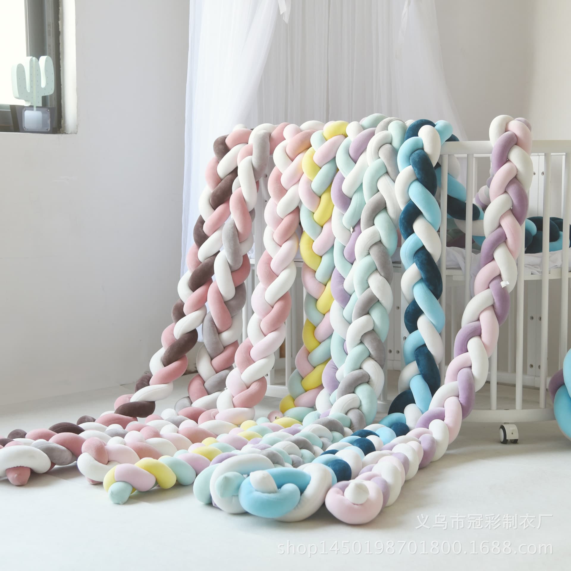 New Nordic woven baby crib bumper strip, three-strand braided knotted ball pillow, trendy on Instagram.