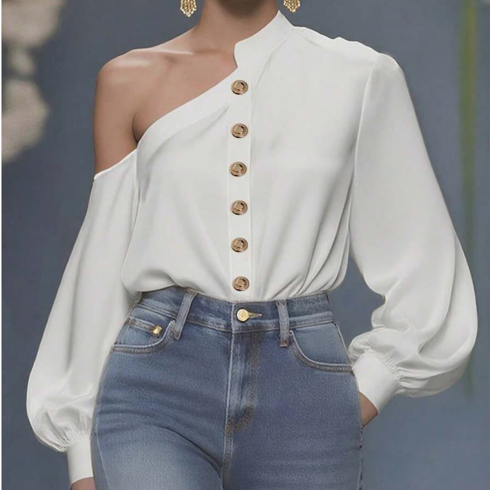 Off-Shoulder Asymmetrical Gold Button 8432 Puff Sleeve Blouse 2027 Summer Cross-Border Women's Fashion for AliExpress Amazon