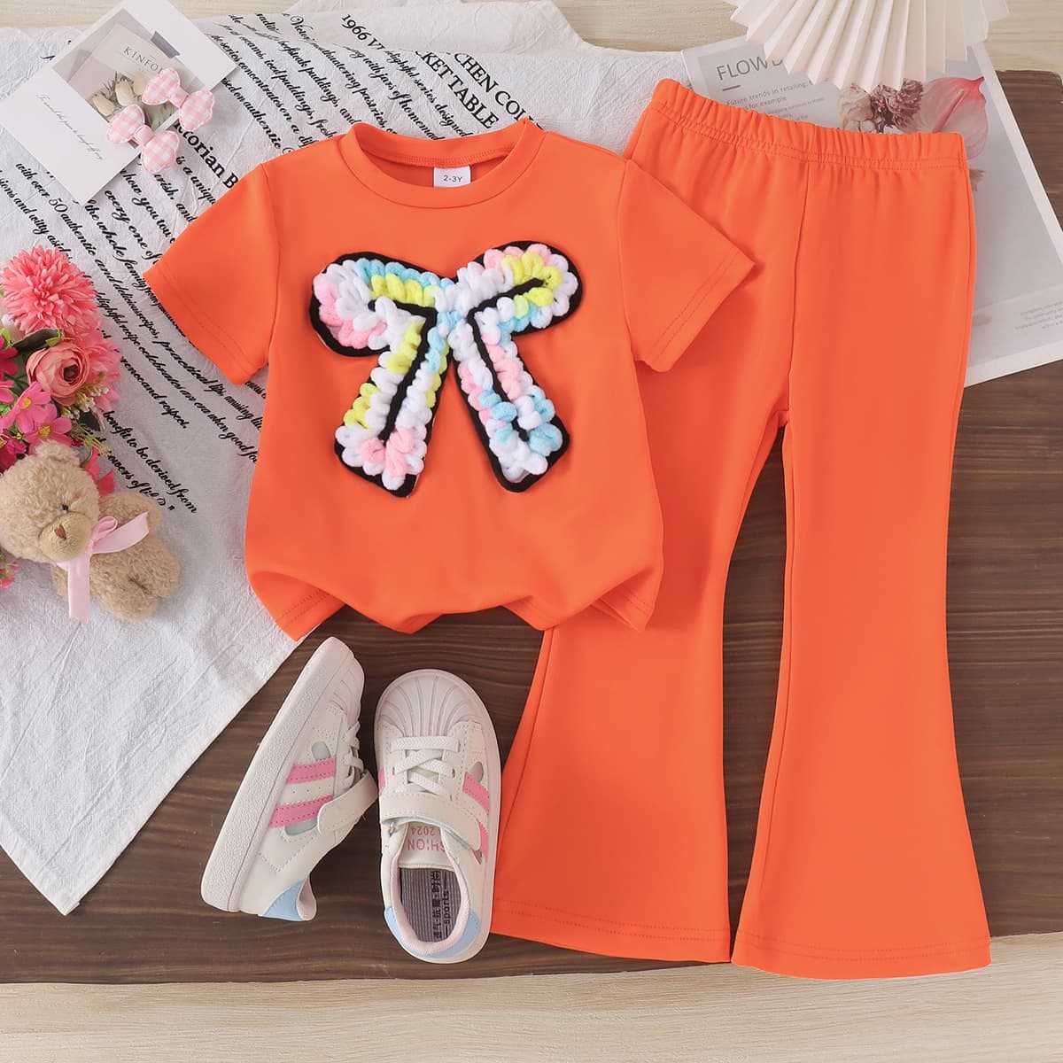Kids clothing cross-border new model for European and American children, rose red short-sleeved T-shirt + trousers