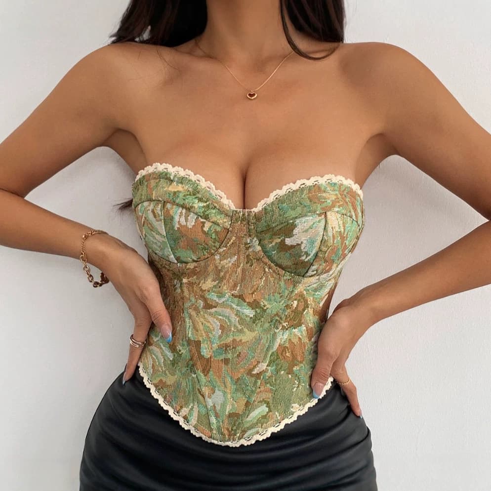 Green Floral Fishbone Corset Lingerie Vintage Flower Monet Painting Camisole Tight Push-up Shapewear Sexy Dress
