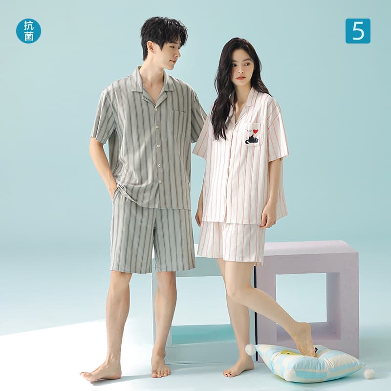 [Antibacterial Xinjiang Cotton] Class A Cotton Summer Pure Cotton Short Sleeve Couple Pajamas Women's Thin Striped Men's Homewear