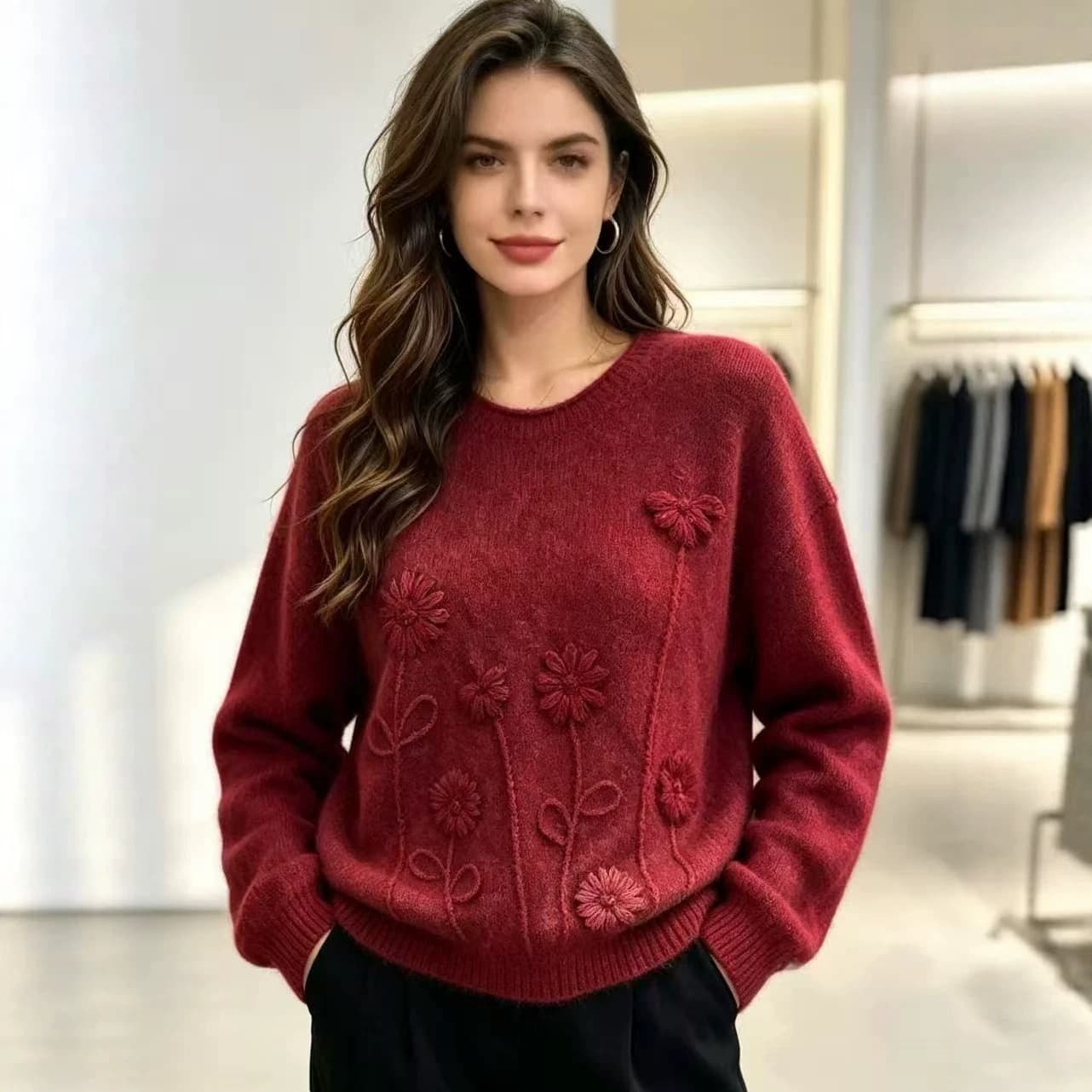 Qiudong new retro three-dimensional flower embroidered alpaca sweater women's loose round neck pullover sweater