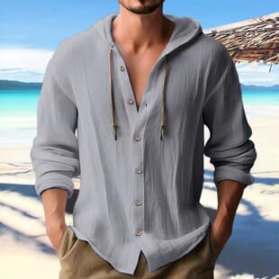 2025 New Fashion Spring Summer Men's Hooded Shirt Solid Color Cotton Linen Casual Long Sleeve Top