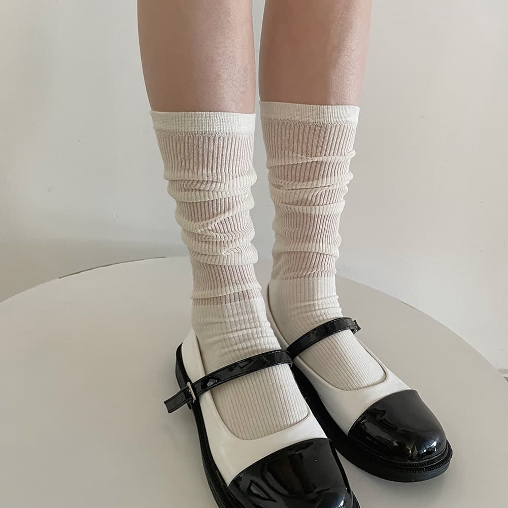Spring/Summer Patchwork Knit Stacking Socks for Women, Cream White Miu Style Ins Fashion Socks, Runway Style Sheer Thin Calf Socks