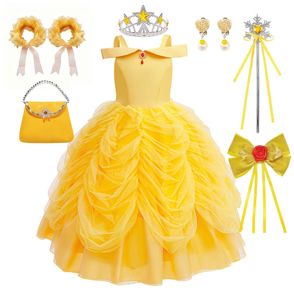 New Girls Beauty and the Beast Belle Princess Dress One-Shoulder Off-Shoulder Mesh Tulle Puffy Yellow Princess Dress