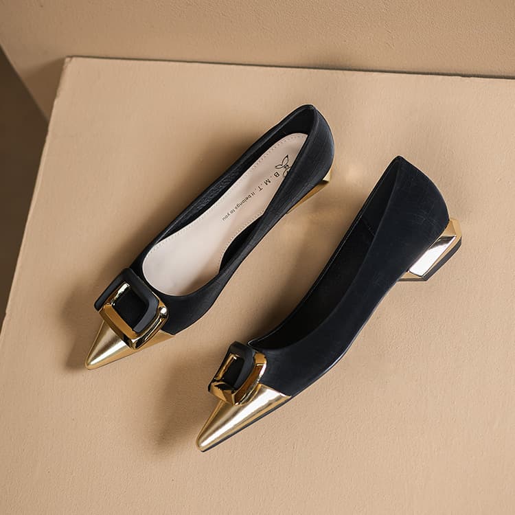 222-29 New Chanel-style Color-block Low Heels Korean Metal Color-block Square Buckle Pointed Toe Shallow Mouth Flats