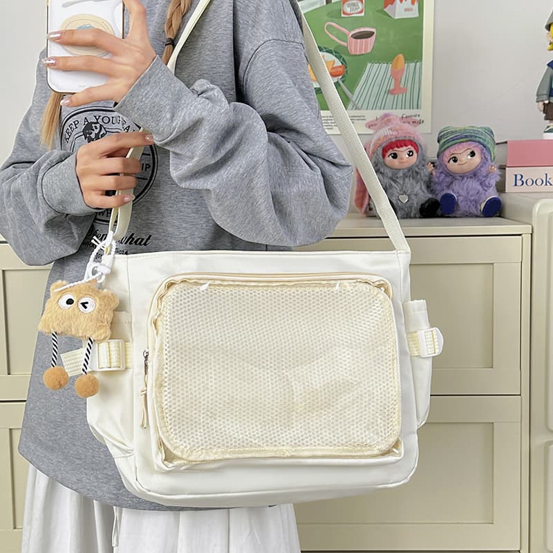 High-Aesthetic College Style Versatile Simple Large-Capacity Messenger Bag for Women, Transparent Badge Single-Shoulder Crossbody Bag, Ita Bag