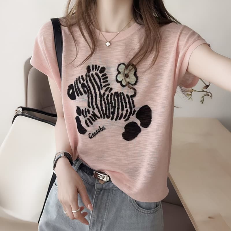 Summer New Cute Zebra Pattern Ice Linen Short-Sleeved T-Shirt Women's Casual Loose and Light Age-Reducing Round Neck Top Trendy