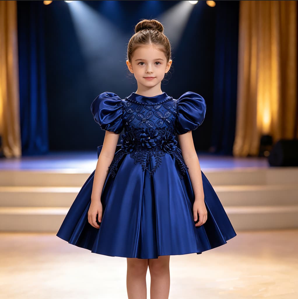 Girls Satin 3D Floral Puff Sleeve Princess Dress Birthday Party Daily New European and American Dress