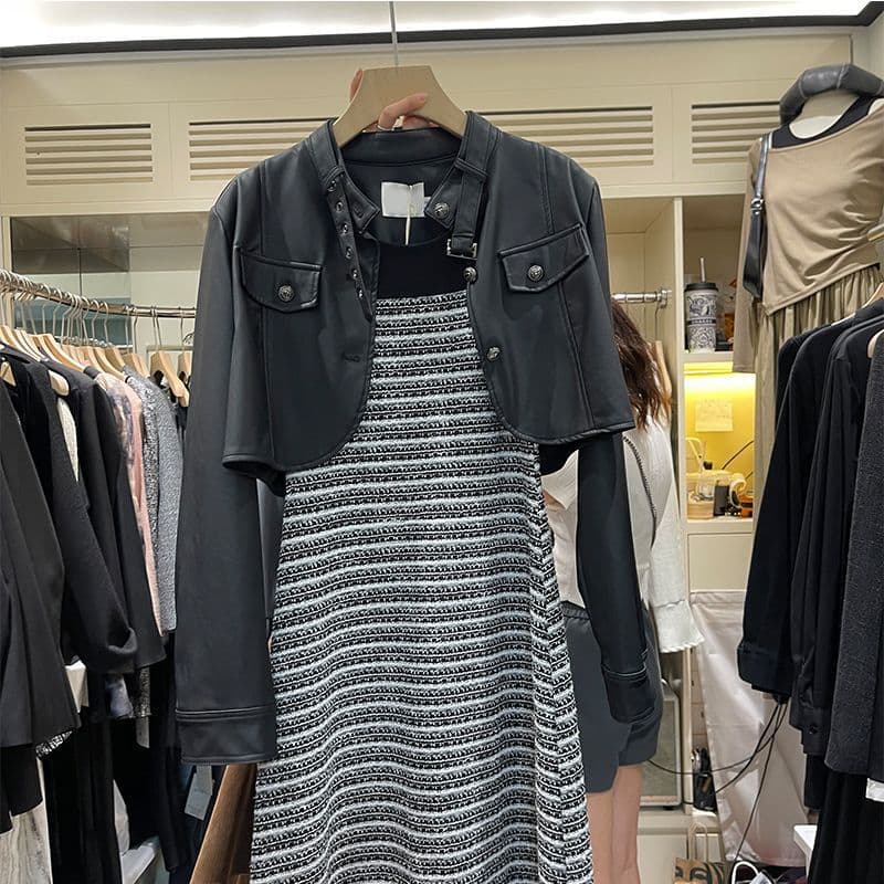 Thirteen Hong 2025 Spring Wear Petite Light Mature Style Stand Collar Jacket, Functional Style Hot Girl Motorcycle Jacket Short Black