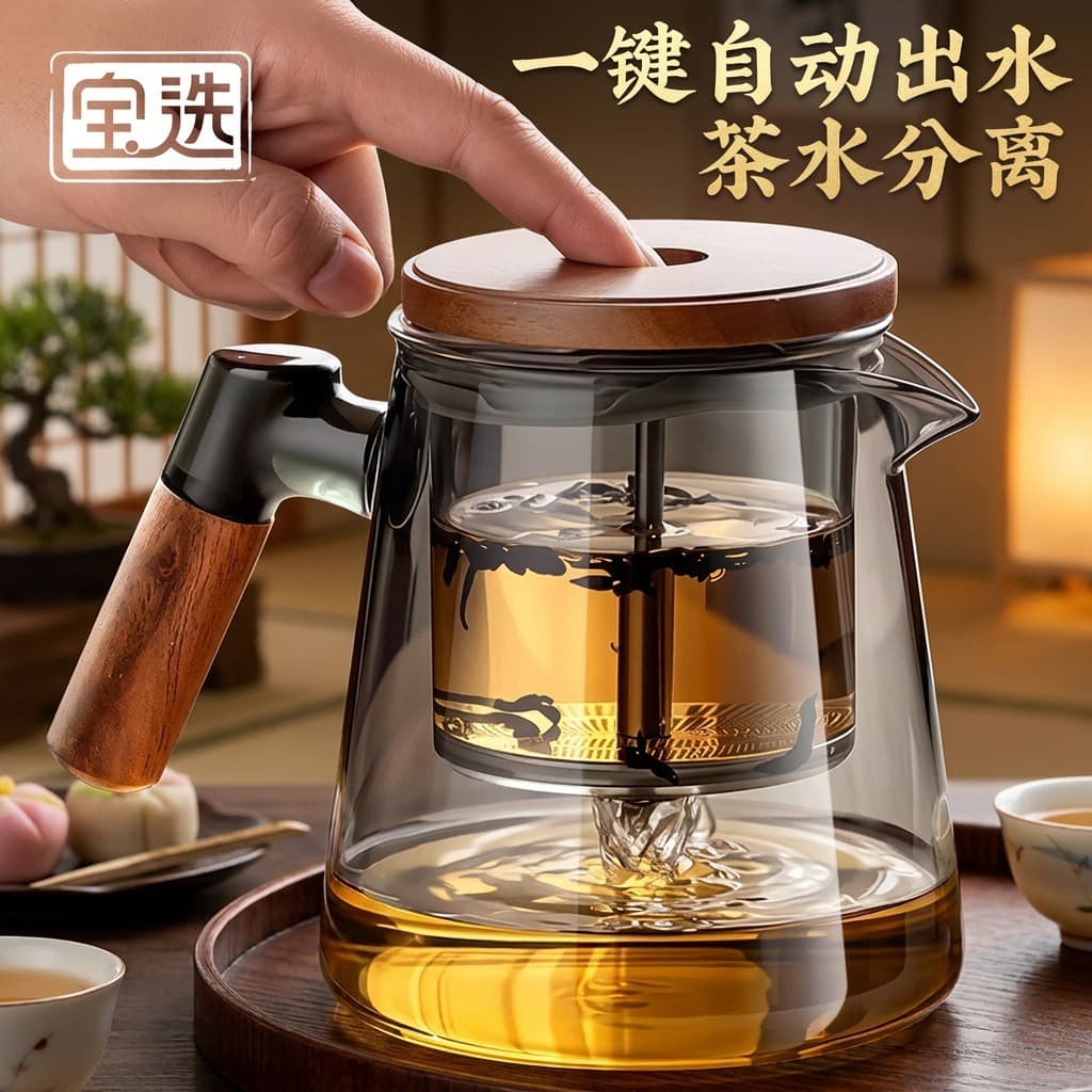 Baoxuan Glass Teapot with Infuser, Tea-Water Separation, Lazy Person's Essential, One-Button Filter Teacup, Specialized Tea Set