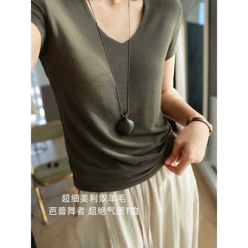 Feather-Light Touch Zero Pressure~ Ballerina Temperament Superfine Wool Soft Round Neck + V-Neck T-Shirt Women Summer H052220