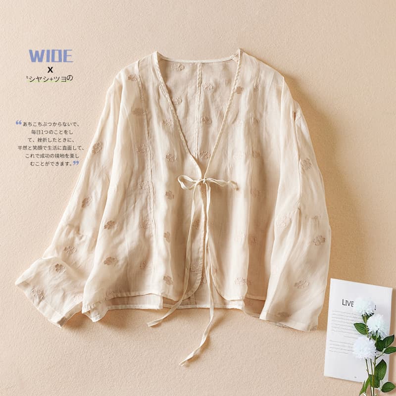 2025 Autumn/Winter New V-Neck Long Sleeve Loose Embroidered Top Women's Vintage Cotton Linen Short Jacket