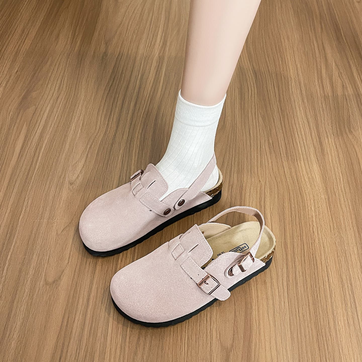 In stock pink genuine leather thick-sole Birkenstock shoes for women 2025 spring/fall new two-way wear closed-toe half slippers for outdoor