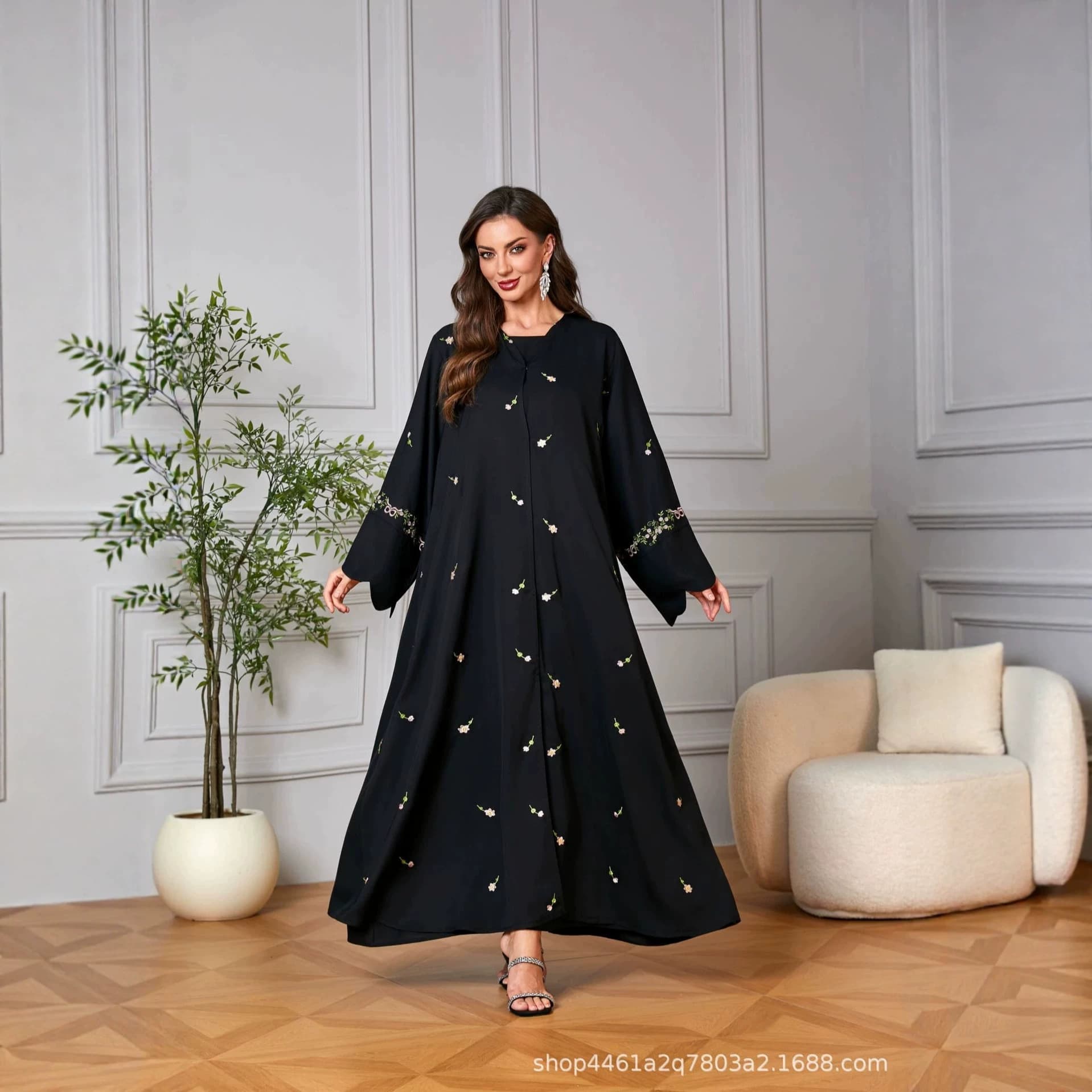 Black Floral Wreath Embroidery Plus Size Dress Cardigan New Cross-border Long Sleeve Long Dress Casual Loose Flared Skirt