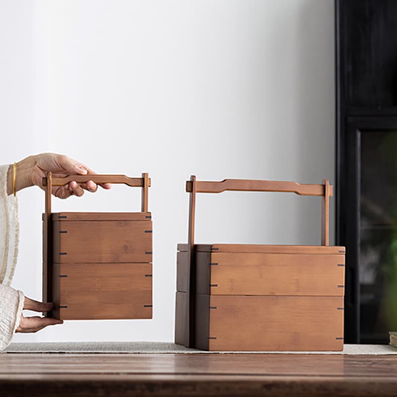 Retro Double-layer Snack Storage Carrying Box, Chinese-style Tea Chest, Bamboo Outdoor Carry Case, Multi-tiered Food Container, Tea Set Accessories
