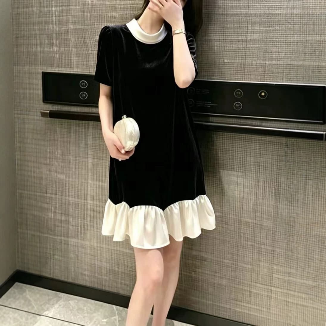 Luxury Velvet Slip Dress with Contrast Acetate Collar, Ruffle Hem, Short Sleeve, Versatile Petite Midi Dress